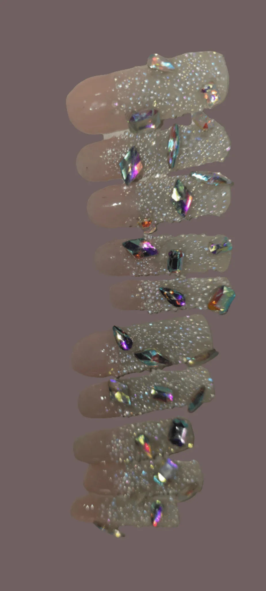 Shown in Photo: Size Medium 10 Nails Rinestone and Pixie Crystals - Extra Long Square in Length - Gloss