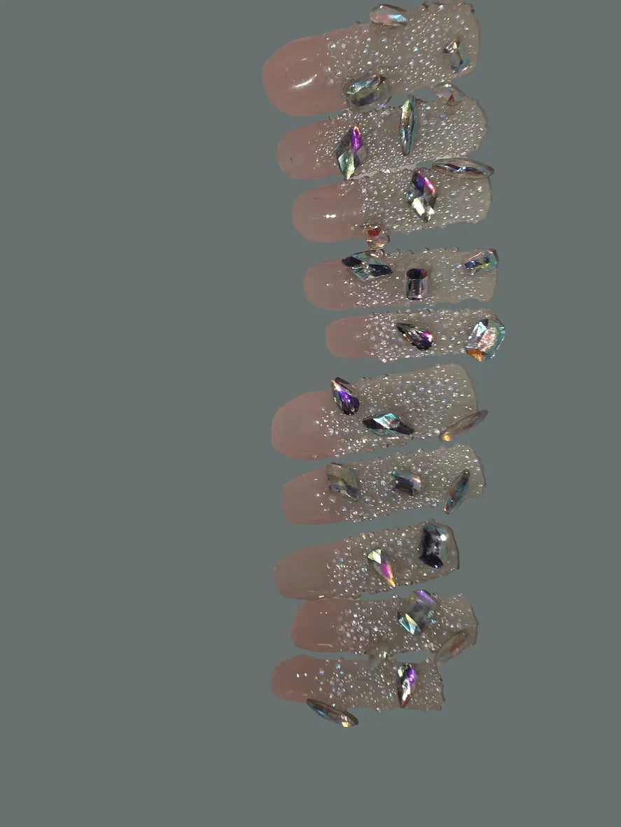 Shown in Photo: Size Medium 10 Nails Rinestone and Pixie Crystals - Extra Long Square in Length - Gloss