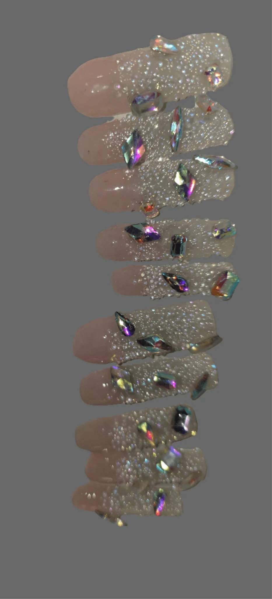 Shown in Photo: Size Medium 10 Nails Rinestone and Pixie Crystals - Extra Long Square in Length - Gloss