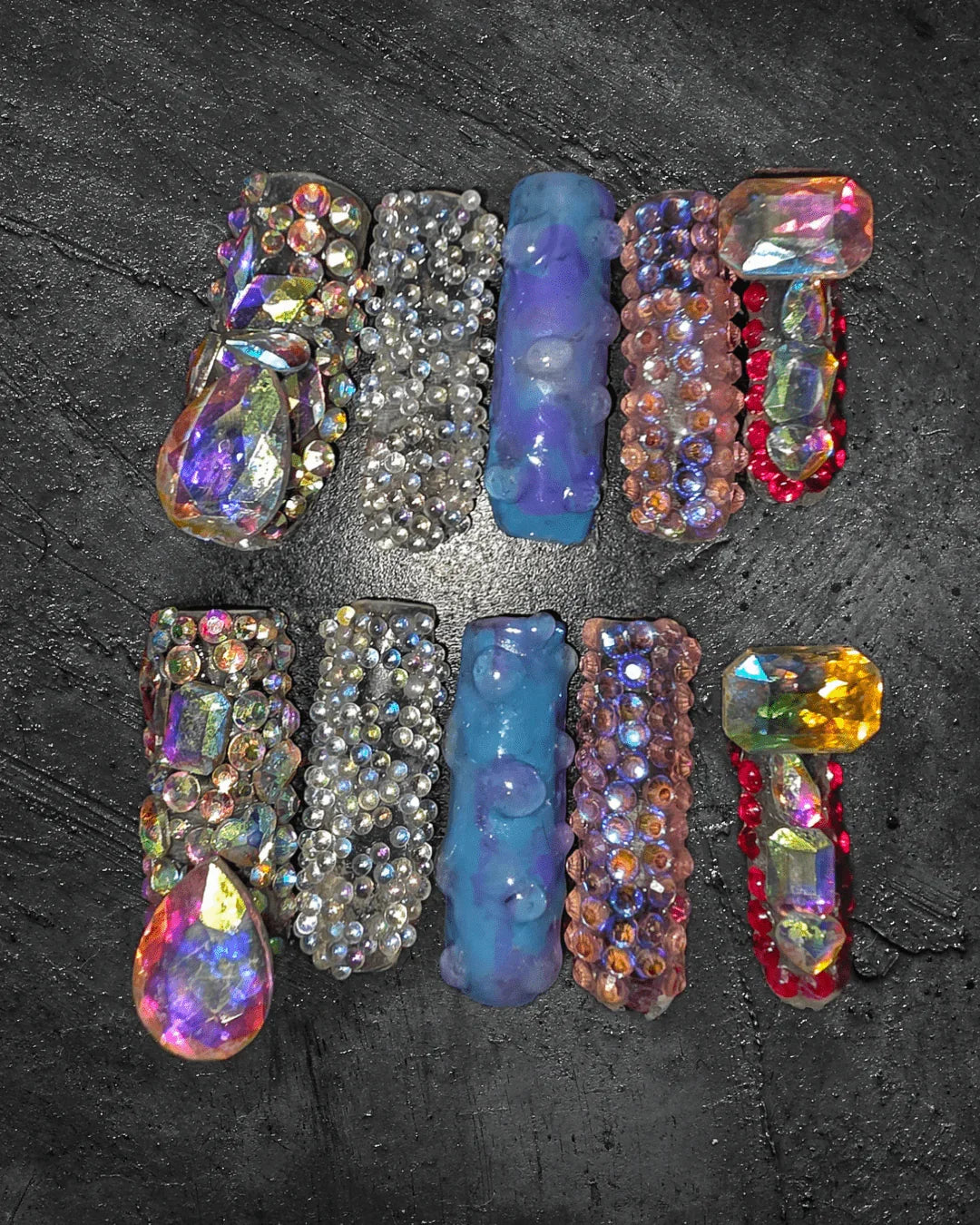 Size shown medium: 10 Nails w/ Rinestones and Pixie Crystals/Pink,Blue,Purple, Aurora Borealis/ Big Rinestones and Little Shaped Mix & Pink - Length Xlong Square