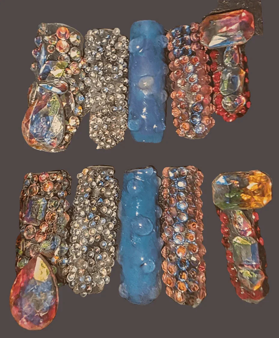 Size shown medium: 10 Nails w/ Rinestones and Pixie Crystals/Pink,Blue,Purple, Aurora Borealis/ Big Rinestones and Little Shaped Mix & Pink - Length Xlong Square