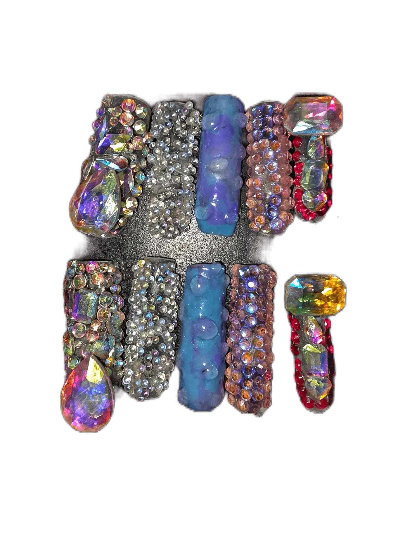 Size shown medium: 10 Nails w/ Rinestones and Pixie Crystals/Pink,Blue,Purple, Aurora Borealis/ Big Rinestones and Little Shaped Mix & Pink - Length Xlong Square