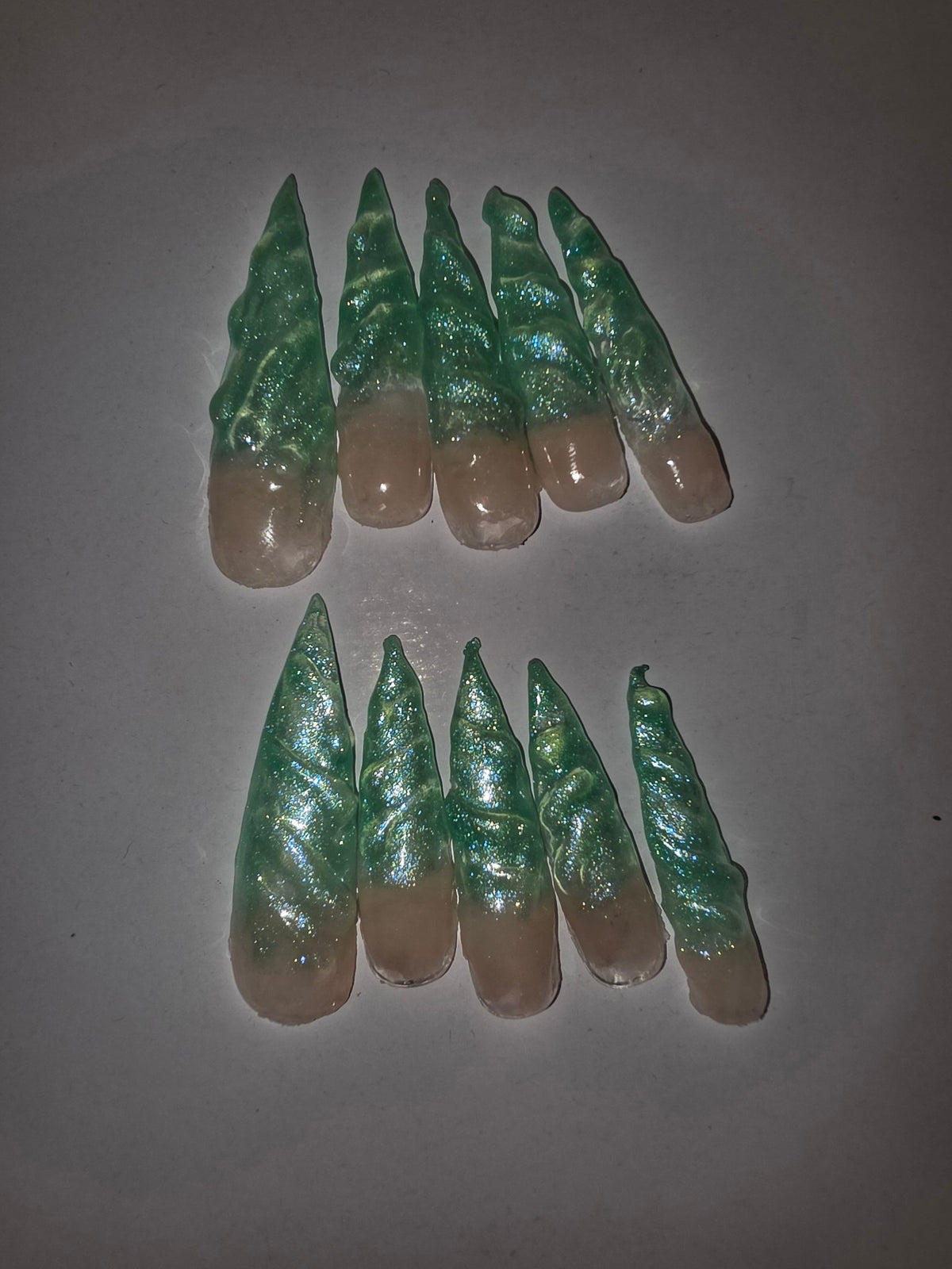 Emerald Unicorn green glitter stiletto press-on nails
