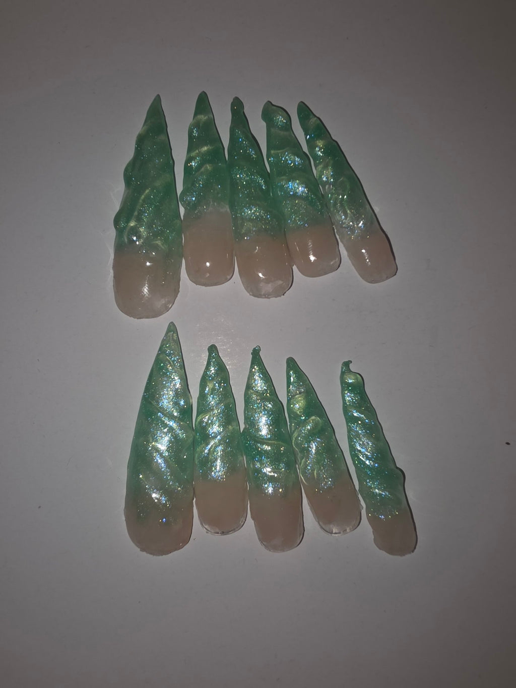 Emerald Unicorn green glitter stiletto press-on nails