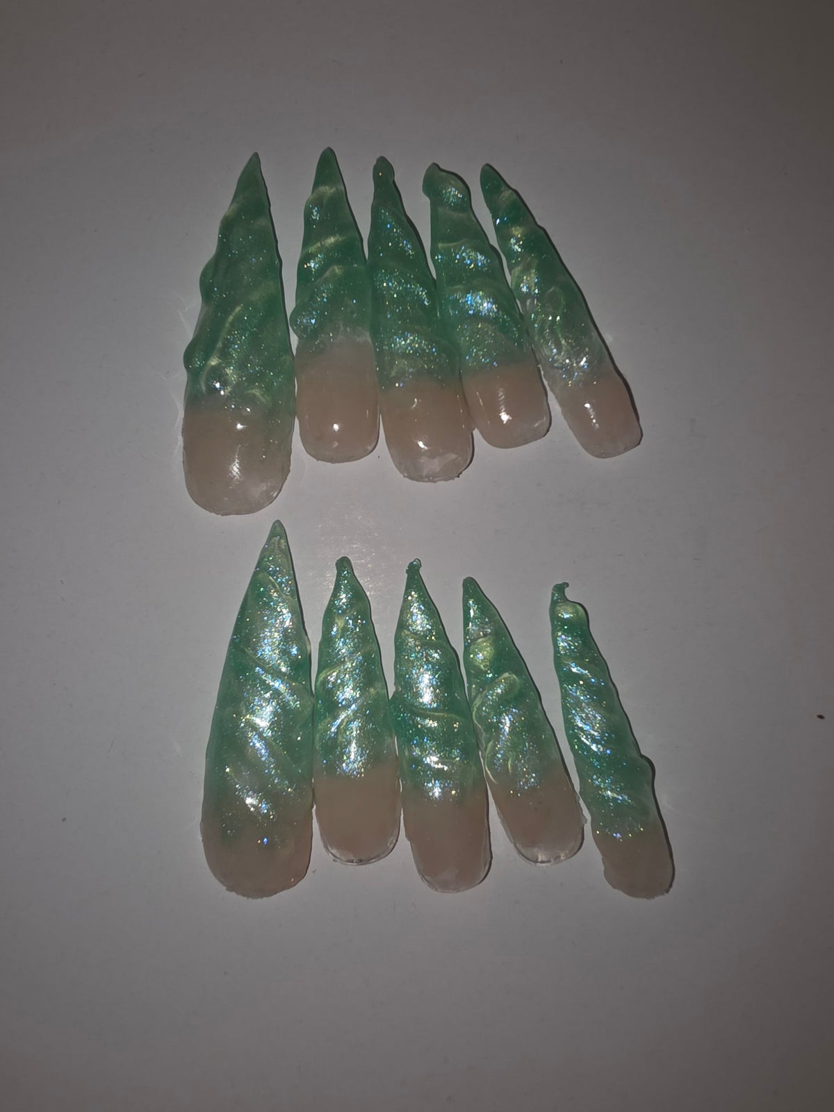 Emerald Unicorn green glitter stiletto press-on nails