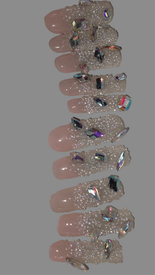 Shown in Photo: Size Medium 10 Nails Rinestone and Pixie Crystals - Extra Long Square in Length - Gloss