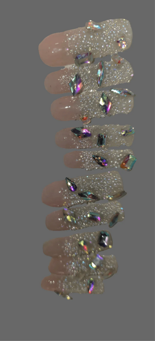Shown in Photo: Size Medium 10 Nails Rinestone and Pixie Crystals - Extra Long Square in Length - Gloss