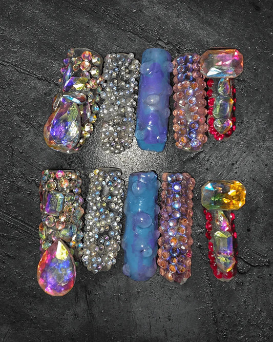 Size shown medium: 10 Nails w/ Rinestones and Pixie Crystals/Pink,Blue,Purple, Aurora Borealis/ Big Rinestones and Little Shaped Mix & Pink - Length Xlong Square