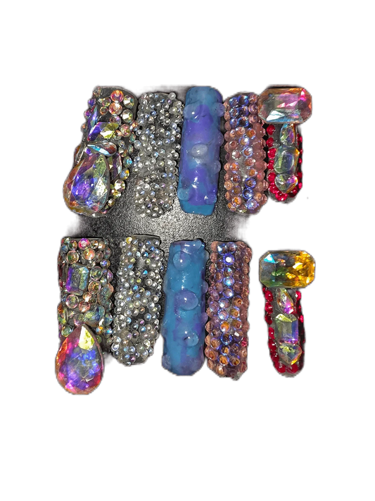 Size shown medium: 10 Nails w/ Rinestones and Pixie Crystals/Pink,Blue,Purple, Aurora Borealis/ Big Rinestones and Little Shaped Mix & Pink - Length Xlong Square